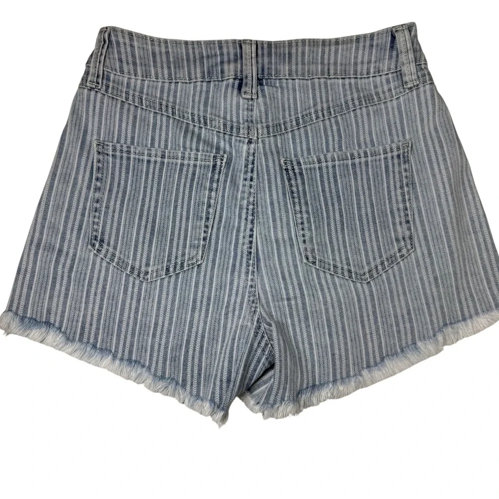 Happily Grey Super High Rise Wedge Striped Distressed Denim Shorts Blue White 25 - Picture 8 of 11